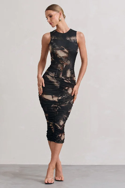 Maxi Women Dress with Floral Print for a Bohemian VibeAntonia | Brown Print Sleeveless Ruched Bodycon Midi Dress Maxi Women Dress with Floral Print for a Bohemian VibeAntonia | Brown Print Sleeveless Ruched Bodycon Midi Dress