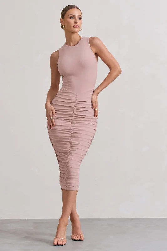 Ruffled Women Dress with Multiple Layers for a Playful and Girly StyleAntonia | Champagne Sleeveless Ruched Bodycon Midi Dress Ruffled Women Dress with Multiple Layers for a Playful and Girly StyleAntonia | Champagne Sleeveless Ruched Bodycon Midi Dress
