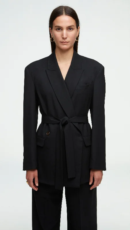 Double - Breasted Women's Leather Blazers in Taupe for an Edgy LookBelted Blazer in Seasonless Wool | Black Double - Breasted Women's Leather Blazers in Taupe for an Edgy LookBelted Blazer in Seasonless Wool | Black