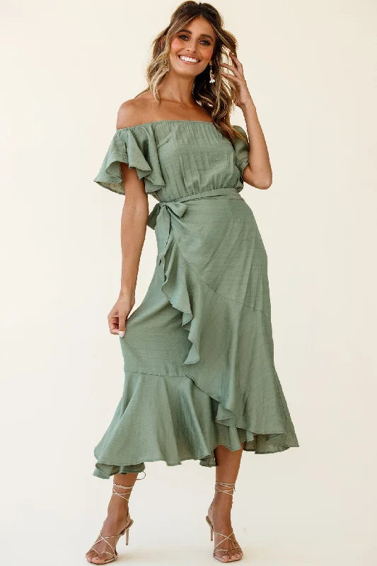 Sheath Women Dress with a Tailored Fit for a Professional LookBettina Bardot Neckline Faux-Wrap Midi Dress Olive Sheath Women Dress with a Tailored Fit for a Professional LookBettina Bardot Neckline Faux-Wrap Midi Dress Olive