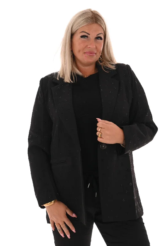 Plus Size Women's Faux Fur - Trimmed Blazers in Black for a Luxurious LookBlazer letter met strass zwart Plus Size Women's Faux Fur - Trimmed Blazers in Black for a Luxurious LookBlazer letter met strass zwart