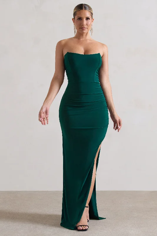 Lace - Embellished Women Dress for an Elegant and Sophisticated AppearanceEletta | Bottle Green Ruched Bandeau Asymmetric Maxi Dress Lace - Embellished Women Dress for an Elegant and Sophisticated AppearanceEletta | Bottle Green Ruched Bandeau Asymmetric Maxi Dress