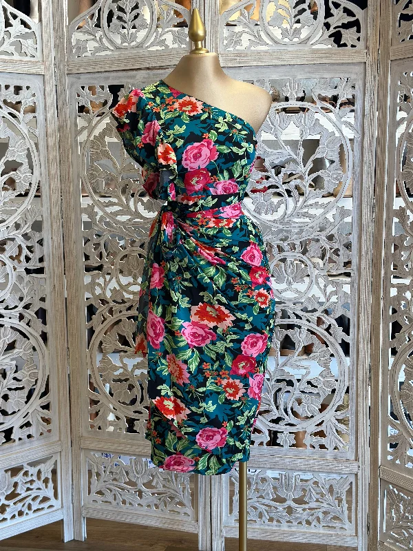 Printed Abstract Women Dress for a Modern and Artistic AppealWrapped Floral One Sleeve Multicolor Dress- Not Stretchy Printed Abstract Women Dress for a Modern and Artistic AppealWrapped Floral One Sleeve Multicolor Dress- Not Stretchy