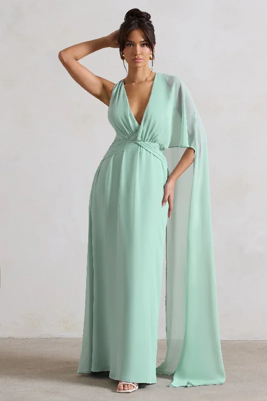 Sleeveless Women Dress in Bright Colors for Summer PartiesFairytale | Sage Plunge-Neck Chiffon Maxi Dress With Cape Sleeve Sleeveless Women Dress in Bright Colors for Summer PartiesFairytale | Sage Plunge-Neck Chiffon Maxi Dress With Cape Sleeve