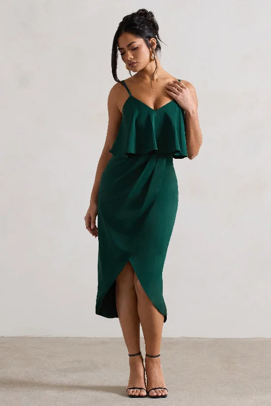Empire Waist Women Dress to Accentuate the Bust and Conceal the WaistFaro | Bottle Green Strappy Draped-Neck Wrap Midi Dress Empire Waist Women Dress to Accentuate the Bust and Conceal the WaistFaro | Bottle Green Strappy Draped-Neck Wrap Midi Dress