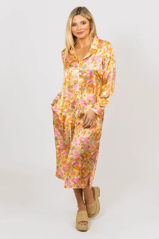 Plus Size Women Dress with a Flattering A - Line Cut for Comfort and StyleFloral Satin Shirt Dress Plus Size Women Dress with a Flattering A - Line Cut for Comfort and StyleFloral Satin Shirt Dress