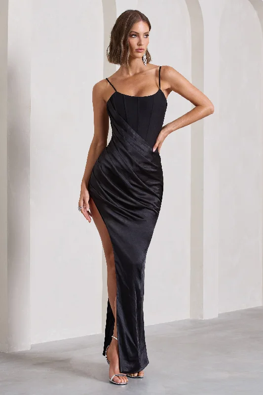 In Attendance | Black Satin Draped Corset Split Maxi Dress