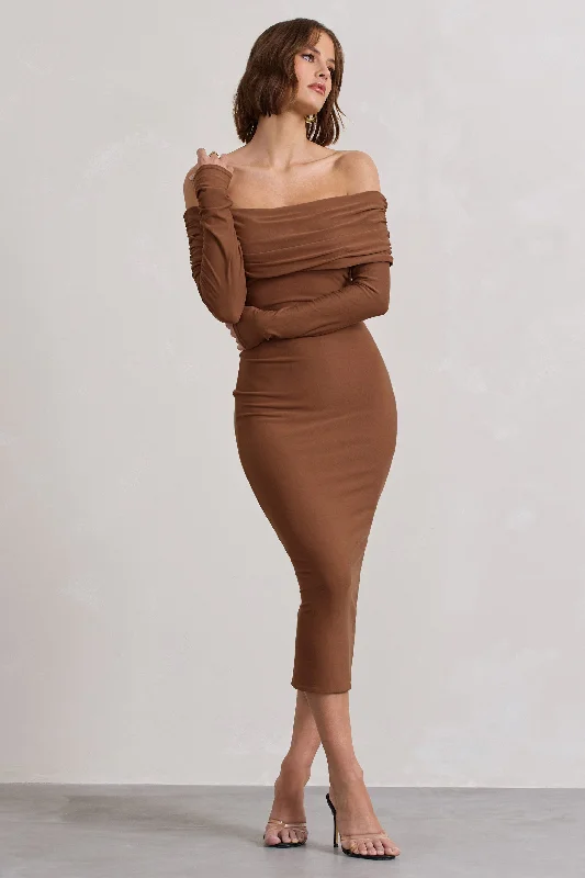 Mermaid - Style Women Dress with a Fitted Silhouette for Special OccasionsIntercept | Brown Bodycon Bardot Tie-Back Midi Dress Mermaid - Style Women Dress with a Fitted Silhouette for Special OccasionsIntercept | Brown Bodycon Bardot Tie-Back Midi Dress