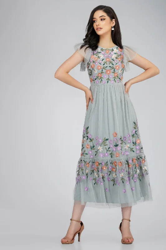 Pleated Women Dress with a Timeless and Elegant TextureIris Dusty Blue Embroidered Dress Pleated Women Dress with a Timeless and Elegant TextureIris Dusty Blue Embroidered Dress