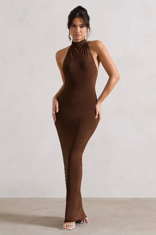 Mermaid - Style Women Dress with a Fitted Silhouette for Special OccasionsLarisa | Dark Brown Cowl Halter-Neck Maxi Dress With Back Detail Mermaid - Style Women Dress with a Fitted Silhouette for Special OccasionsLarisa | Dark Brown Cowl Halter-Neck Maxi Dress With Back Detail