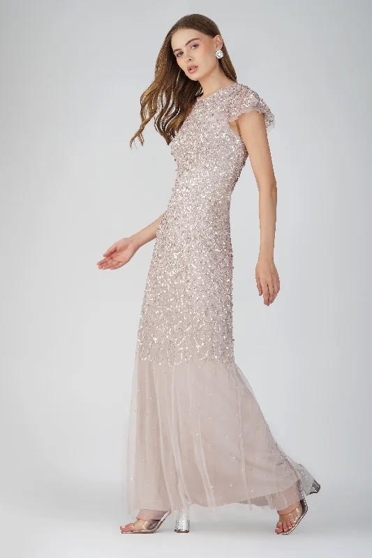 Mermaid - Style Women Dress with a Fitted Silhouette for Special OccasionsLarissa Short Sleeve Embellished Maxi Dress in Mink Mermaid - Style Women Dress with a Fitted Silhouette for Special OccasionsLarissa Short Sleeve Embellished Maxi Dress in Mink