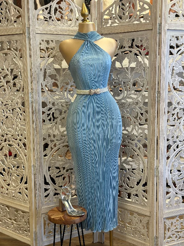 Light Blue Scrunched Twisted Front Dress- Stretchy