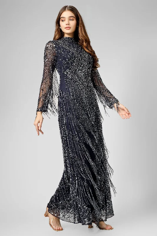 Halter Neck Women Dress to Show Off the Shoulders and NecklineLissy Navy Blue Fringe Maxi Dress Halter Neck Women Dress to Show Off the Shoulders and NecklineLissy Navy Blue Fringe Maxi Dress