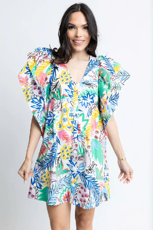 Plus Size Women Dress with a Flattering A - Line Cut for Comfort and StyleMulti Palm Vneck Ruffle Dress Plus Size Women Dress with a Flattering A - Line Cut for Comfort and StyleMulti Palm Vneck Ruffle Dress