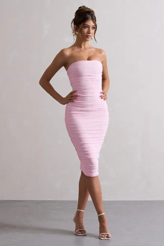 Ruffled Women Dress with Multiple Layers for a Playful and Girly StyleMy Girl | Pink Strapless Bodycon Ruched Mesh Midi Dress Ruffled Women Dress with Multiple Layers for a Playful and Girly StyleMy Girl | Pink Strapless Bodycon Ruched Mesh Midi Dress
