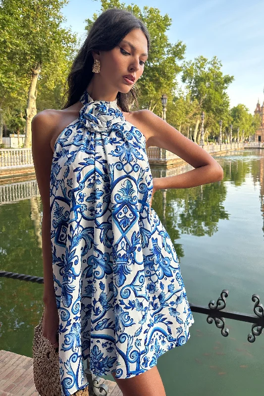 Mermaid - Style Women Dress with a Fitted Silhouette for Special OccasionsNaples | Blue Porcelain Print Halter-Neck Mini Dress With Corsage Mermaid - Style Women Dress with a Fitted Silhouette for Special OccasionsNaples | Blue Porcelain Print Halter-Neck Mini Dress With Corsage