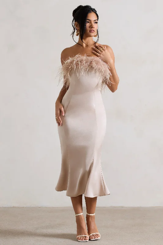 Backless Women Dress for a Sexy and Alluring Look at Evening EventsOne And Only | Champagne Satin Feather Trim Midi Dress Backless Women Dress for a Sexy and Alluring Look at Evening EventsOne And Only | Champagne Satin Feather Trim Midi Dress