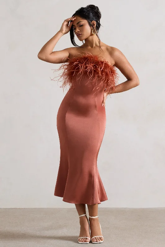 Halter Neck Women Dress to Show Off the Shoulders and NecklineOne And Only | Rust Satin Feather Trim Midi Dress Halter Neck Women Dress to Show Off the Shoulders and NecklineOne And Only | Rust Satin Feather Trim Midi Dress
