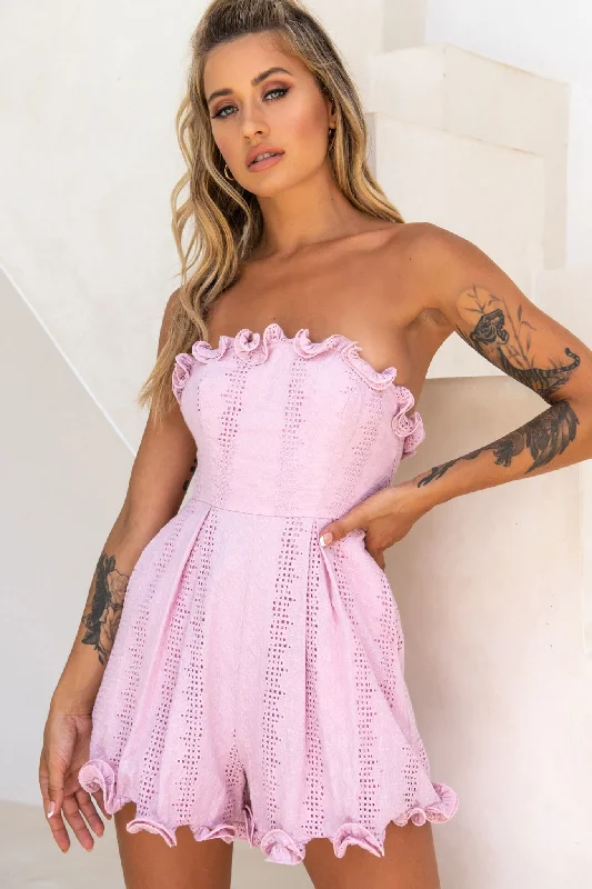 Off - the - Shoulder Women Dress for a Romantic and Feminine LookParis In Spring Bandeau Frill Trim Romper Blush Off - the - Shoulder Women Dress for a Romantic and Feminine LookParis In Spring Bandeau Frill Trim Romper Blush