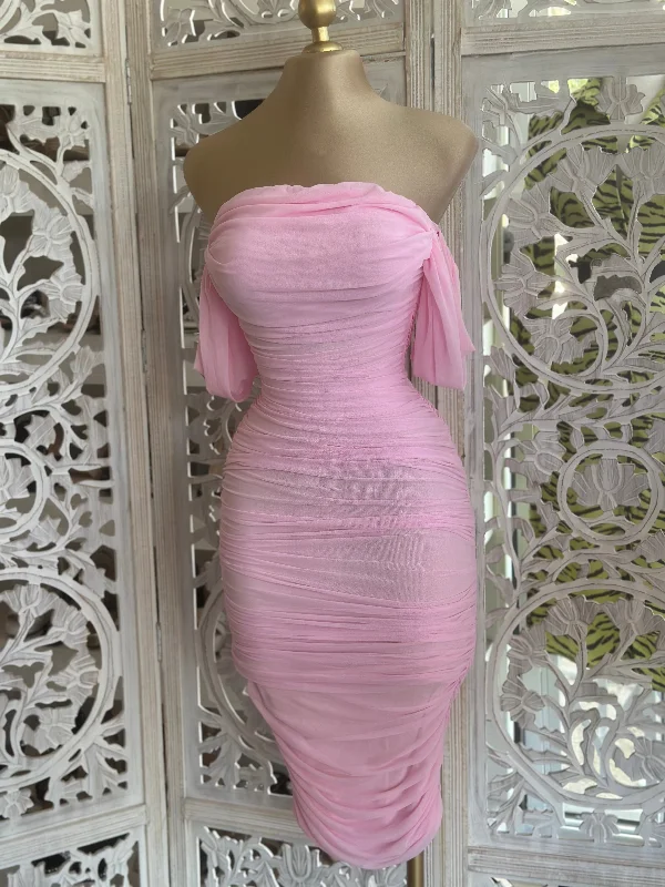 Strapless Women Dress with a Built - in Bra for Comfort and SupportPink Midi Ruched Dress- Stretchy Strapless Women Dress with a Built - in Bra for Comfort and SupportPink Midi Ruched Dress- Stretchy