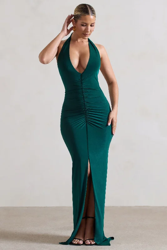 Ruffled Women Dress with Multiple Layers for a Playful and Girly StyleRachel | Bottle Green Ruched Halter-Neck Split Maxi Dress Ruffled Women Dress with Multiple Layers for a Playful and Girly StyleRachel | Bottle Green Ruched Halter-Neck Split Maxi Dress