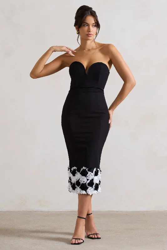 Strapless Women Dress with a Built - in Bra for Comfort and SupportRamona | Black Bodycon Sweetheart Midi Dress With Floral Trim Strapless Women Dress with a Built - in Bra for Comfort and SupportRamona | Black Bodycon Sweetheart Midi Dress With Floral Trim