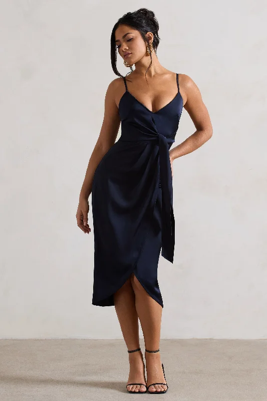 Ruffled Women Dress with Multiple Layers for a Playful and Girly StyleSabela | Navy Satin Wrap Midi Dress With Knot Detail Ruffled Women Dress with Multiple Layers for a Playful and Girly StyleSabela | Navy Satin Wrap Midi Dress With Knot Detail