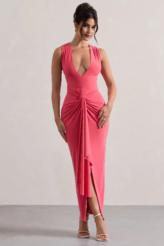 Mini Women Dress with a Short Hem for a Young and Trendy StyleSantana | Coral Plunge-Neck Split Maxi Dress With Knot Detail Mini Women Dress with a Short Hem for a Young and Trendy StyleSantana | Coral Plunge-Neck Split Maxi Dress With Knot Detail
