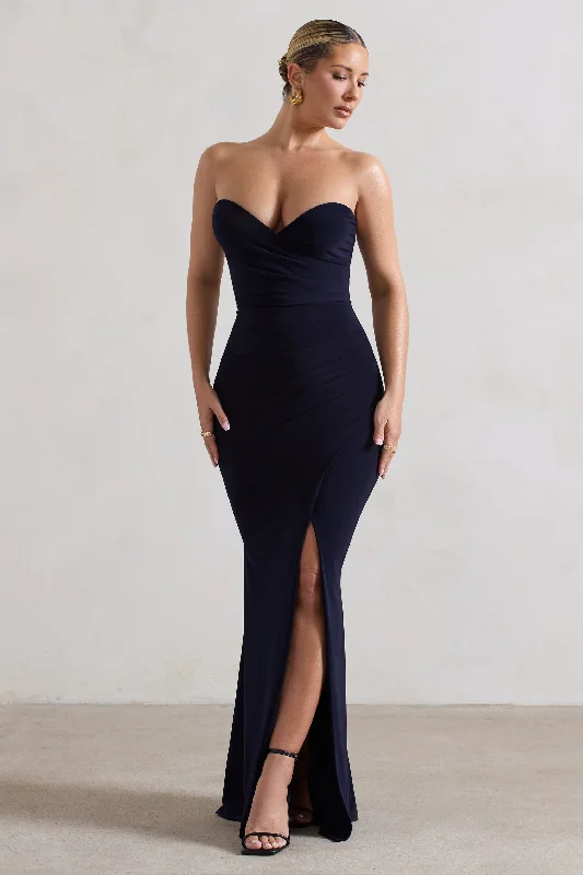 Empire Waist Women Dress to Accentuate the Bust and Conceal the WaistSaphira | Navy Gathered Corset Style Split Maxi Dress Empire Waist Women Dress to Accentuate the Bust and Conceal the WaistSaphira | Navy Gathered Corset Style Split Maxi Dress