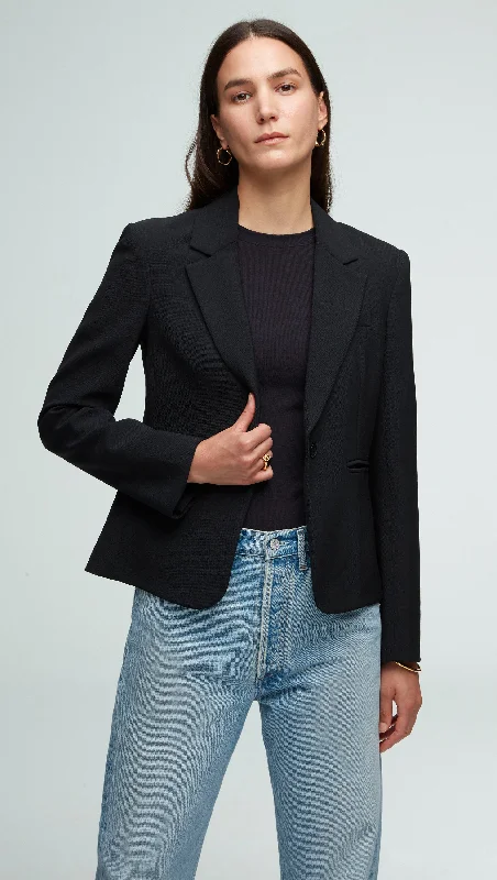Plus Size Women's Embroidered Blazers in Floral Patterns for a Feminine TouchSchoolboy Blazer in Textured Crepe | Black Plus Size Women's Embroidered Blazers in Floral Patterns for a Feminine TouchSchoolboy Blazer in Textured Crepe | Black
