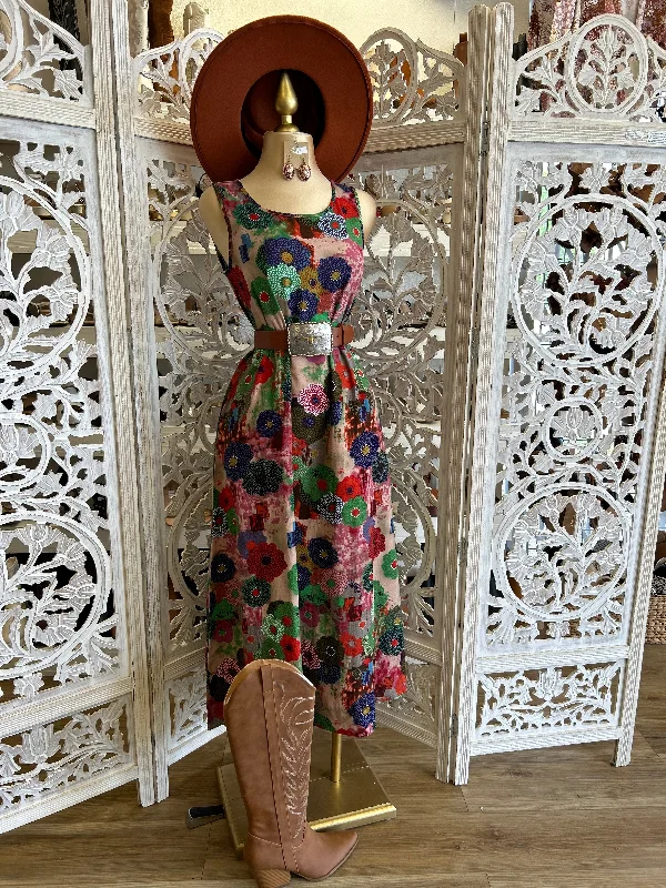 Backless Women Dress for a Sexy and Alluring Look at Evening EventsScoop Neck Floral Multi Color Flowy Midi Dress- Not Stretchy Backless Women Dress for a Sexy and Alluring Look at Evening EventsScoop Neck Floral Multi Color Flowy Midi Dress- Not Stretchy