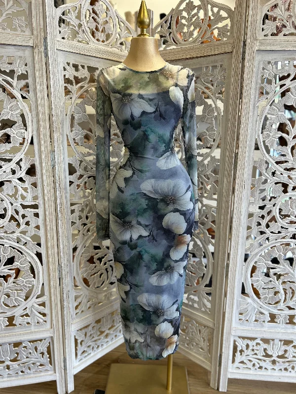 Sheath Women Dress with a Tailored Fit for a Professional LookSheer Floral Blue Print Midi Dress- Stretchy Sheath Women Dress with a Tailored Fit for a Professional LookSheer Floral Blue Print Midi Dress- Stretchy