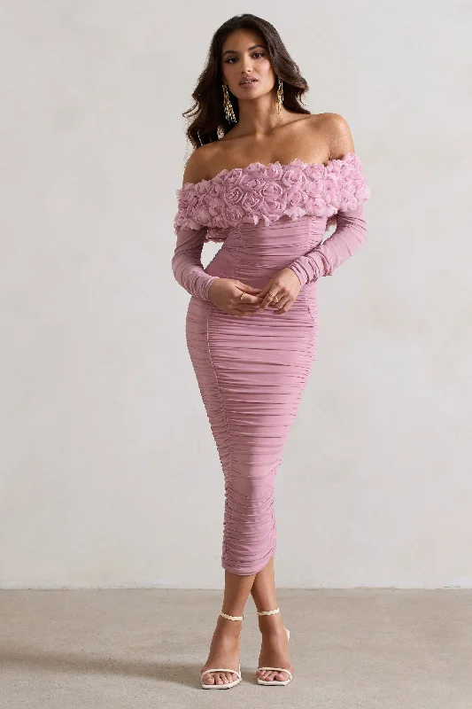 Sheath Women Dress with a Tailored Fit for a Professional LookSierra | Pink Mesh Ruched Floral Bardot Lace-Up Midi Dress Sheath Women Dress with a Tailored Fit for a Professional LookSierra | Pink Mesh Ruched Floral Bardot Lace-Up Midi Dress