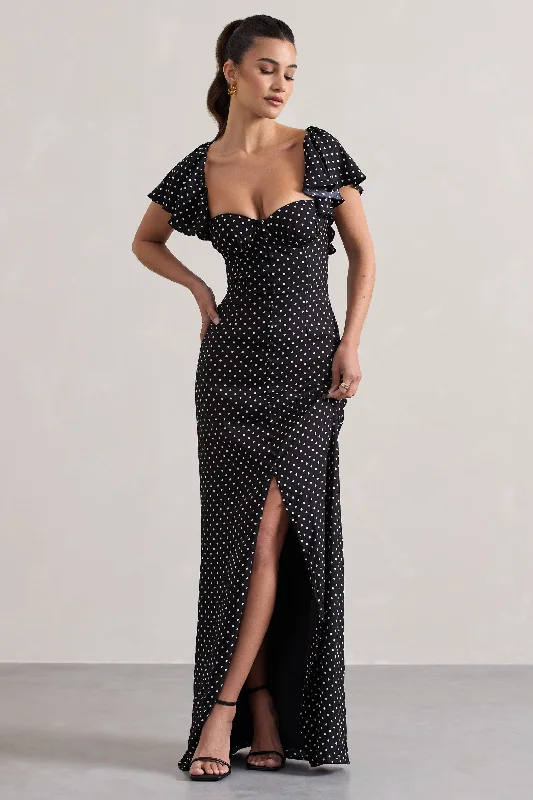 Empire Waist Women Dress to Accentuate the Bust and Conceal the WaistSignorina | Black Polka Dot Buttoned Maxi Dress With Flounced Short Sleeves Empire Waist Women Dress to Accentuate the Bust and Conceal the WaistSignorina | Black Polka Dot Buttoned Maxi Dress With Flounced Short Sleeves