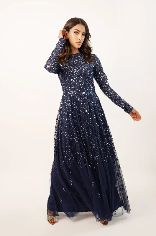 Maxi Women Dress with Floral Print for a Bohemian VibeSila Long Sleeve Embellished Maxi Dress in Dark Blue Maxi Women Dress with Floral Print for a Bohemian VibeSila Long Sleeve Embellished Maxi Dress in Dark Blue