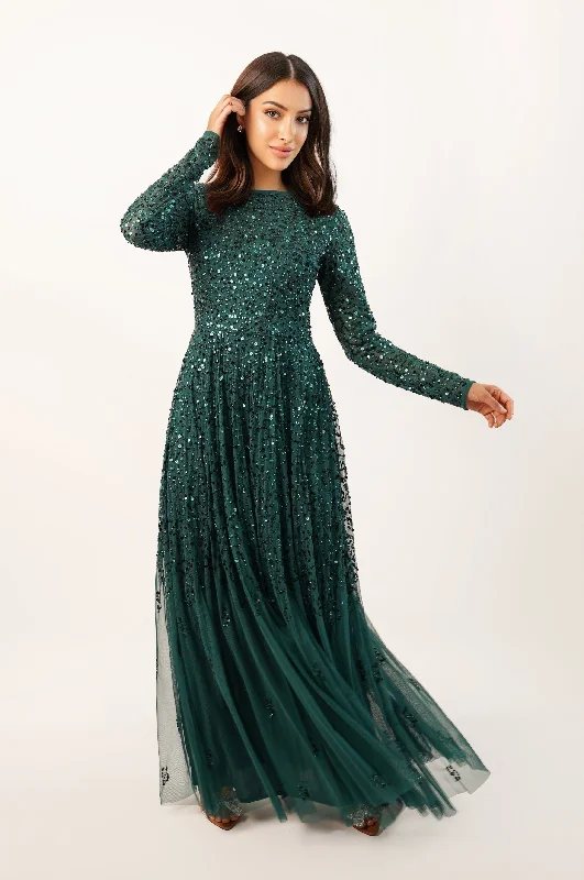 Halter Neck Women Dress to Show Off the Shoulders and NecklineSila Long Sleeve Embellished Maxi Dress in Emerald Green Halter Neck Women Dress to Show Off the Shoulders and NecklineSila Long Sleeve Embellished Maxi Dress in Emerald Green