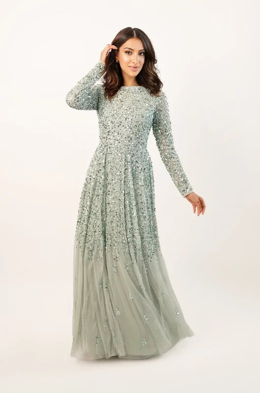 Strapless Women Dress with a Built - in Bra for Comfort and SupportSila Long Sleeve Embellished Maxi Dress in Sage Green Strapless Women Dress with a Built - in Bra for Comfort and SupportSila Long Sleeve Embellished Maxi Dress in Sage Green