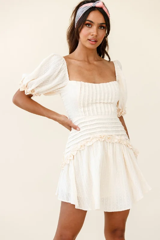Ball Gown Women Dress with a Full Skirt for a Princess - like LookSunshine Lane Milkmaid Sleeve Lace-up Back Dress Beige Ball Gown Women Dress with a Full Skirt for a Princess - like LookSunshine Lane Milkmaid Sleeve Lace-up Back Dress Beige