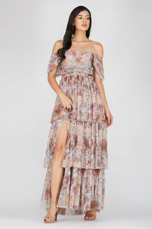 Backless Women Dress for a Sexy and Alluring Look at Evening EventsSydney Off Shoulder Tulle Maxi Dress in Brown Floral Backless Women Dress for a Sexy and Alluring Look at Evening EventsSydney Off Shoulder Tulle Maxi Dress in Brown Floral