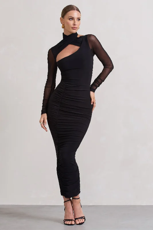 Lace - Embellished Women Dress for an Elegant and Sophisticated AppearanceUnder Wraps | Black Ruched Cut Out Long-Sleeve Midi Dress Lace - Embellished Women Dress for an Elegant and Sophisticated AppearanceUnder Wraps | Black Ruched Cut Out Long-Sleeve Midi Dress