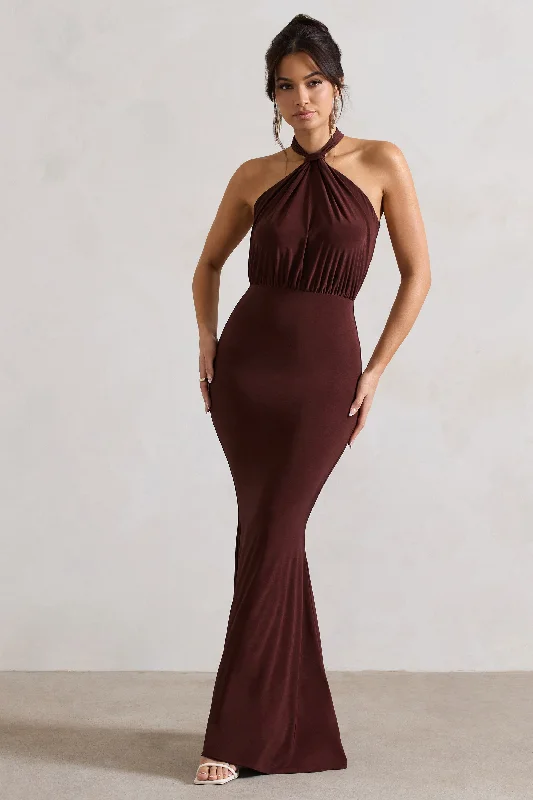 Wrap - Style Women Dress with Adjustable Fit for All Body TypesVanessa | Chocolate Brown Knot Halter-Neck Maxi Dress Wrap - Style Women Dress with Adjustable Fit for All Body TypesVanessa | Chocolate Brown Knot Halter-Neck Maxi Dress