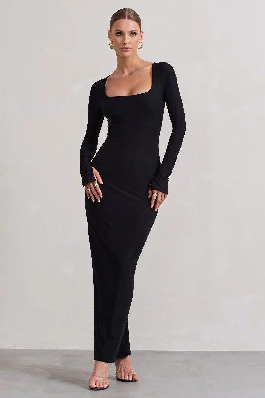 Lace - Embellished Women Dress for an Elegant and Sophisticated AppearanceViva | Black Square-Neck Long-Sleeve Maxi Dress Lace - Embellished Women Dress for an Elegant and Sophisticated AppearanceViva | Black Square-Neck Long-Sleeve Maxi Dress