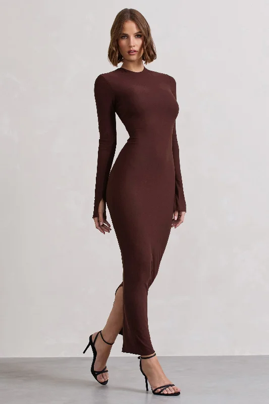 Strapless Women Dress with a Built - in Bra for Comfort and SupportWonder | Chocolate Brown Bodycon Long-Sleeve Maxi Dress Strapless Women Dress with a Built - in Bra for Comfort and SupportWonder | Chocolate Brown Bodycon Long-Sleeve Maxi Dress