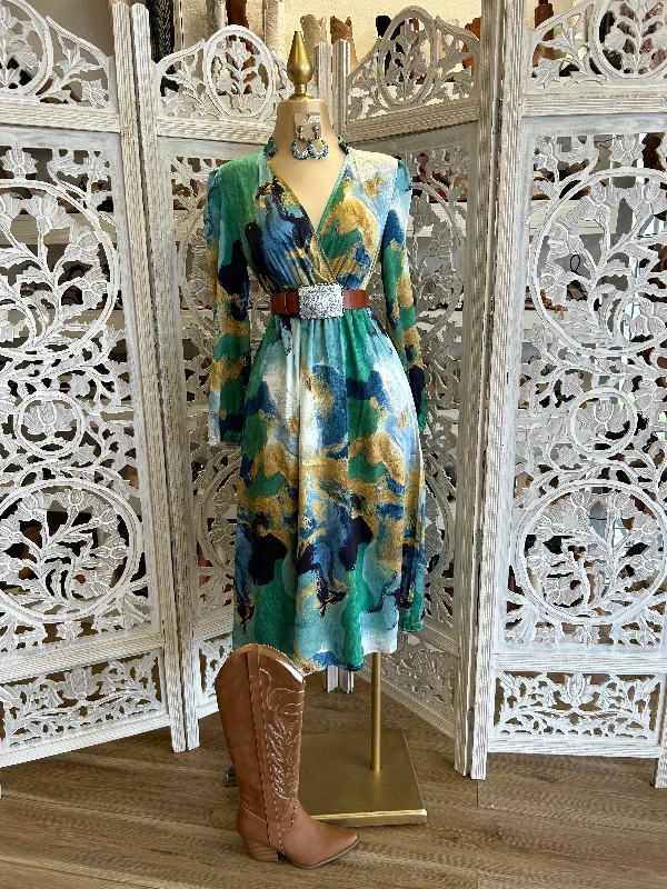 Wrap - Style Women Dress with Adjustable Fit for All Body TypesWrapped Multicolor Green Midi Dress- Not Stretchy Wrap - Style Women Dress with Adjustable Fit for All Body TypesWrapped Multicolor Green Midi Dress- Not Stretchy
