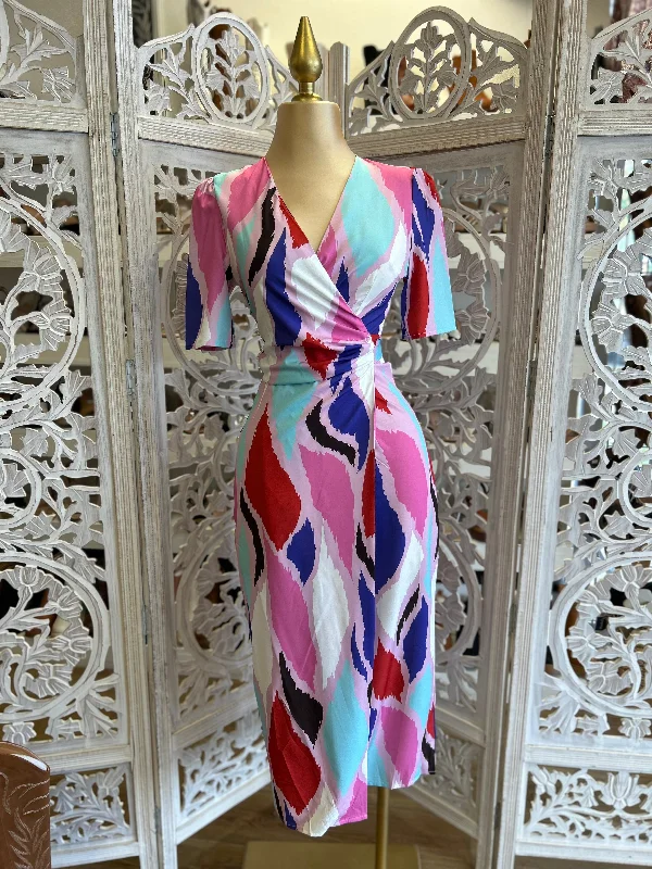 Wrap - Style Women Dress with Adjustable Fit for All Body TypesWrapped Multicolor Midi Dress- Not Stretchy Wrap - Style Women Dress with Adjustable Fit for All Body TypesWrapped Multicolor Midi Dress- Not Stretchy