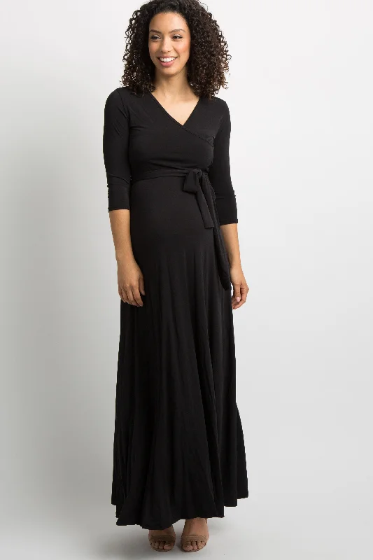 Pleated Women Dress with a Timeless and Elegant TextureBlack Solid Sash Tie Maternity Maxi Dress Pleated Women Dress with a Timeless and Elegant TextureBlack Solid Sash Tie Maternity Maxi Dress