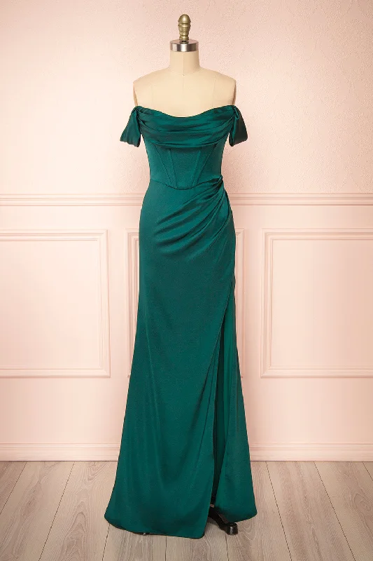 Evolet Green | Off-Shoulder Corset Maxi Dress