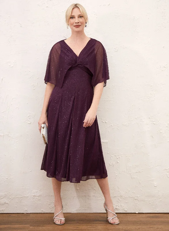 Plus Size Women Dress with a Flattering A - Line Cut for Comfort and StyleGlitter Mesh Capelet Dress Plus Size Women Dress with a Flattering A - Line Cut for Comfort and StyleGlitter Mesh Capelet Dress