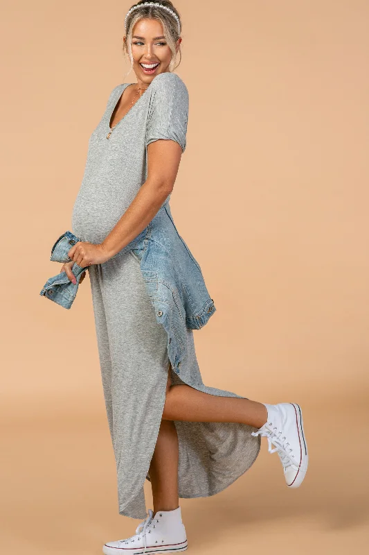 Backless Women Dress for a Sexy and Alluring Look at Evening EventsGrey Solid Short Sleeve Maternity Maxi Dress Backless Women Dress for a Sexy and Alluring Look at Evening EventsGrey Solid Short Sleeve Maternity Maxi Dress