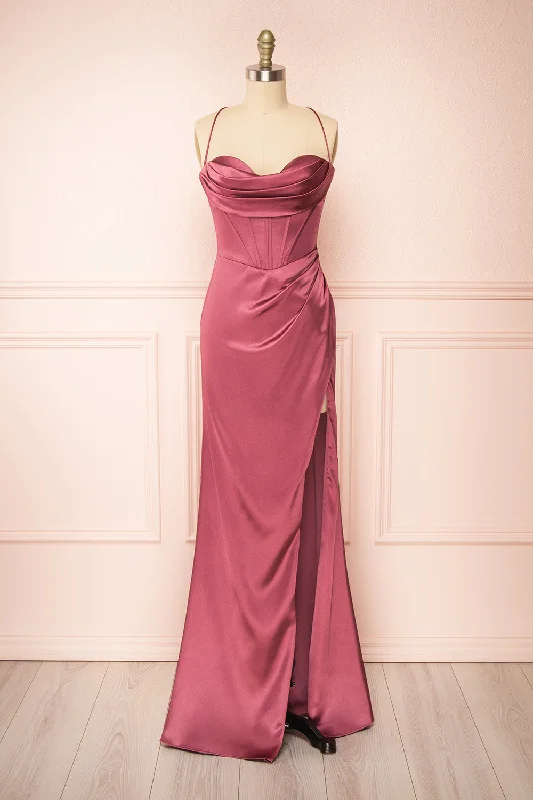 Pleated Women Dress with a Timeless and Elegant TextureKesha Mauve | Corset Cowl Neck Maxi Dress Pleated Women Dress with a Timeless and Elegant TextureKesha Mauve | Corset Cowl Neck Maxi Dress